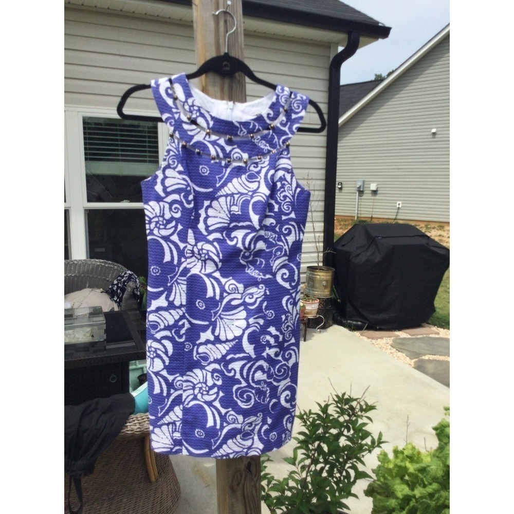 Lilly Pulitzer Womens Sleeveless Mini Dress Sz 0 Blue‎ White Shell Beachy Resort